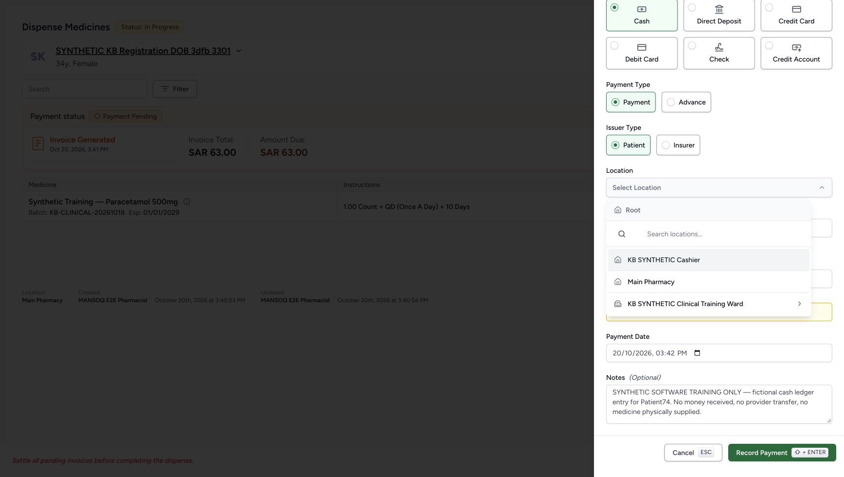 The payment location menu offers Main Pharmacy among the existing locations; the visible form also shows the actual 03:42 PM payment date and fictional ledger note.