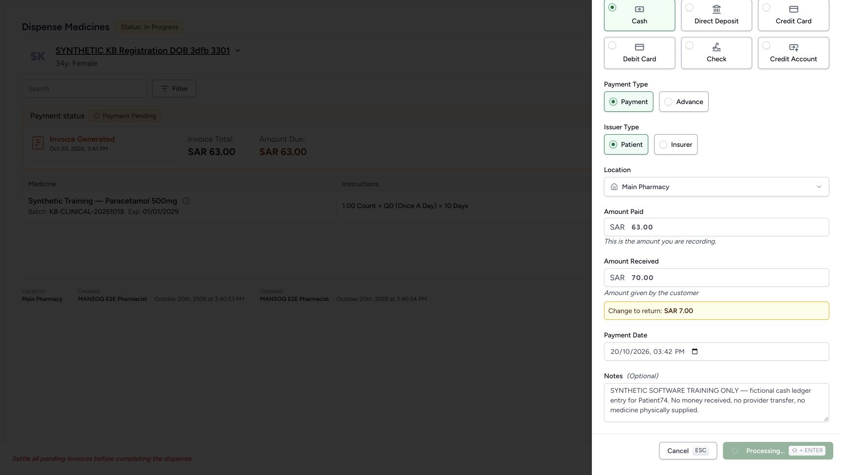 The reviewed cash form shows Processing on the disabled action immediately after one Record Payment request.