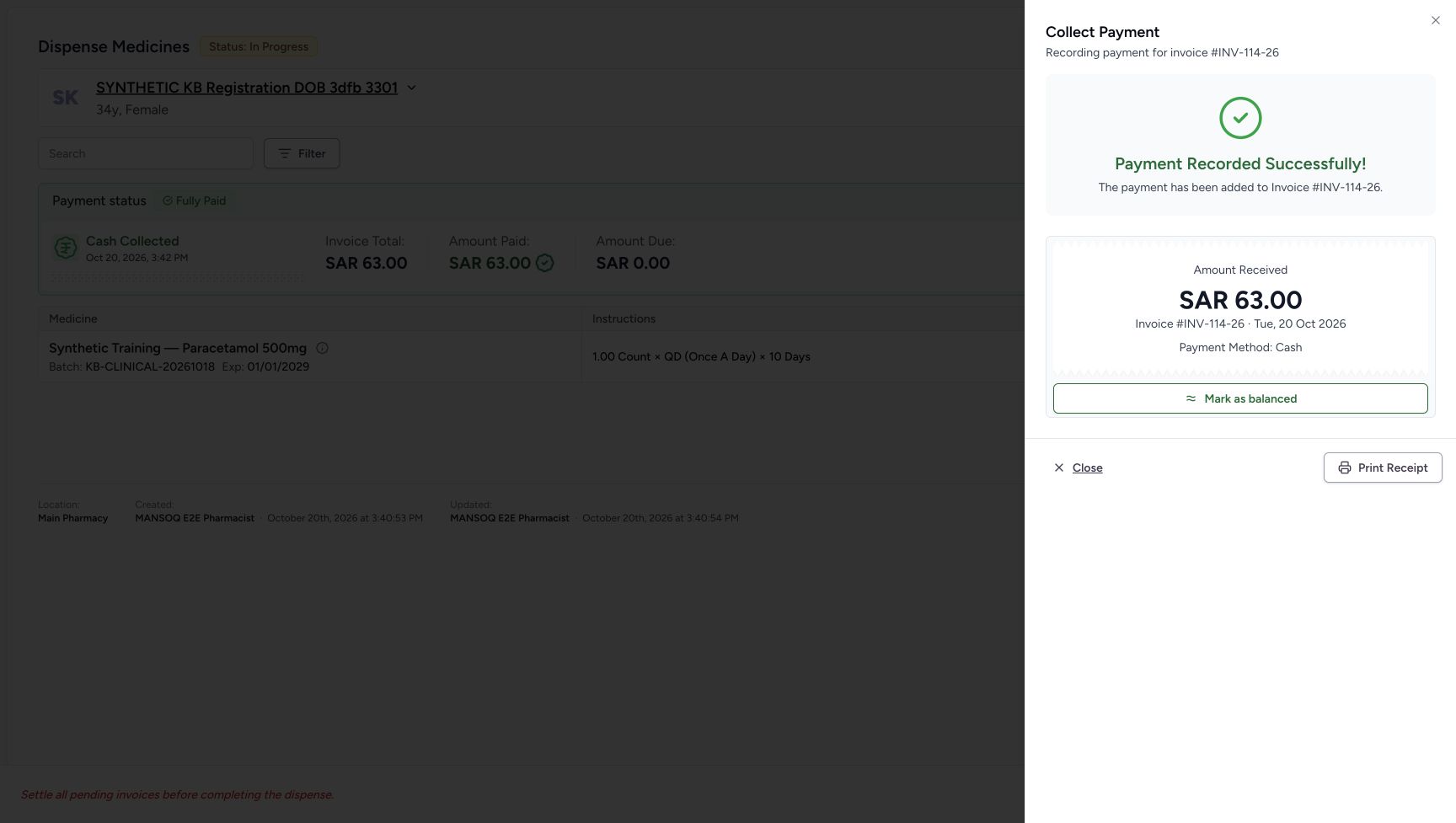 Payment Recorded Successfully confirms one Cash payment for INV-114-26; the success panel displays net Amount Received SAR 63.00 and a separate Mark as balanced action.