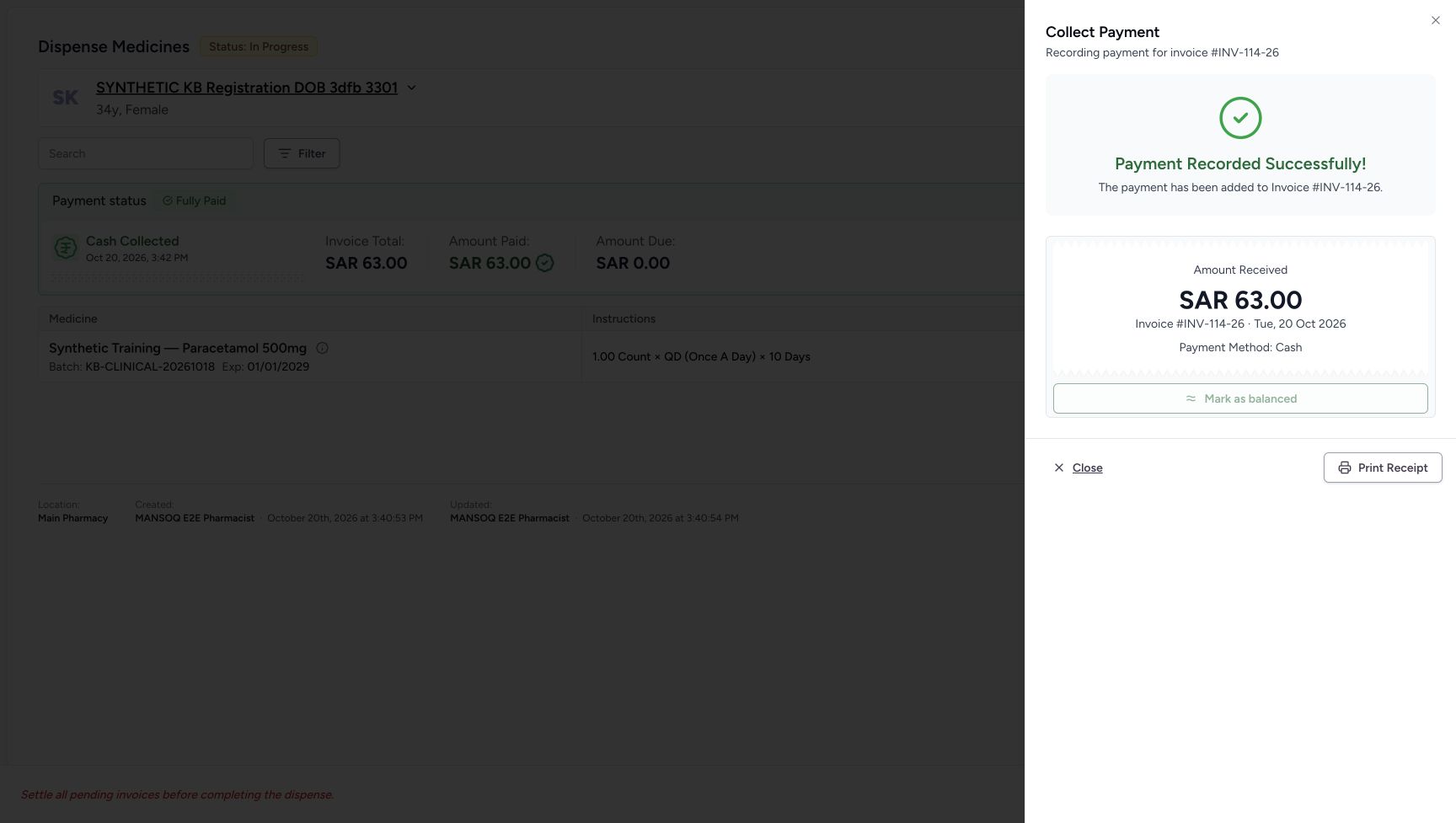 The same payment success panel remains while Mark as balanced is disabled during the pending invoice status request.