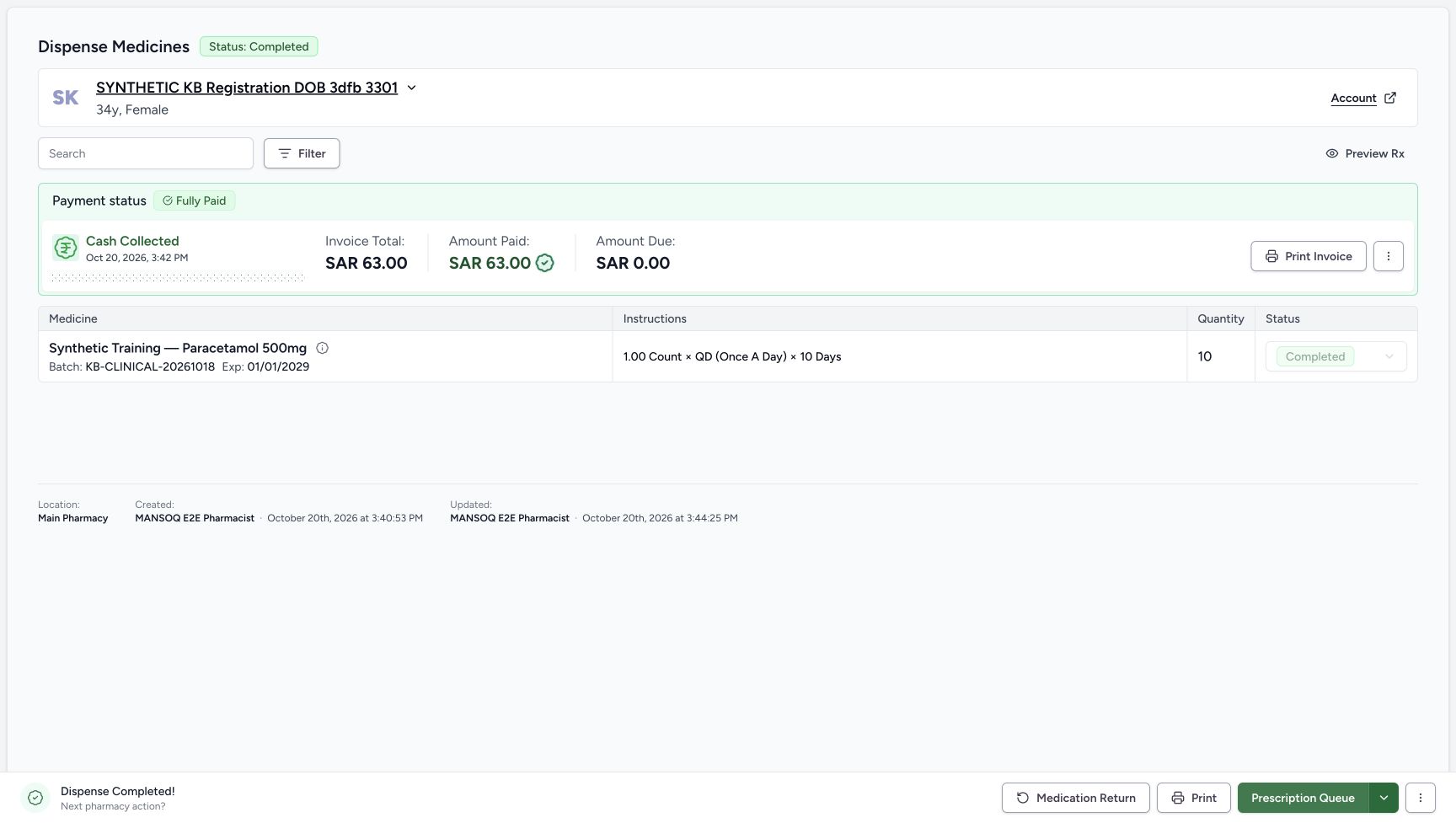 The saved order and quantity-ten medicine row now show Completed, with Fully Paid SAR 63.00 and zero due.