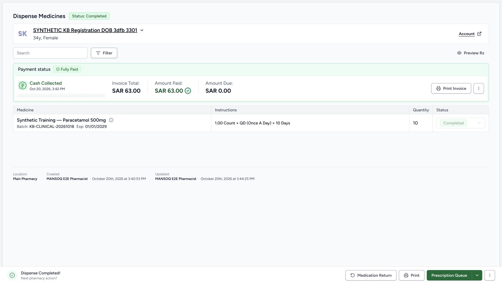 After normal reload the same order and quantity-ten row retain Completed, with the same Fully Paid SAR 63.00 summary and zero due.