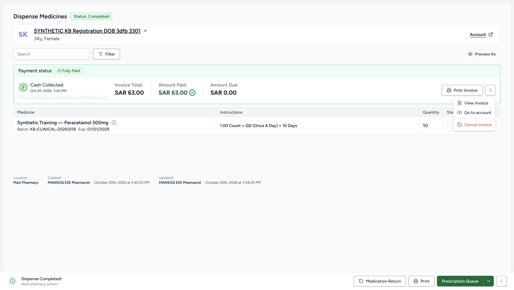 The payment banner ellipsis on the Completed order is open with View Invoice, Go to account and Cancel Invoice; the recorded action selected View Invoice.