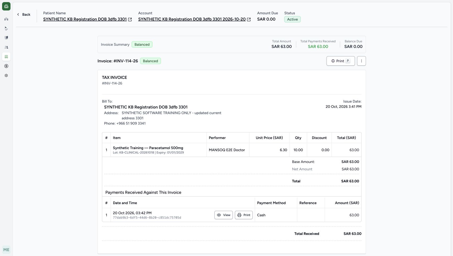After normal reload INV-114-26 retains Balanced, total 63.00, received 63.00, balance 0.00 and the same one Cash receipt; the account remains Active at zero due.